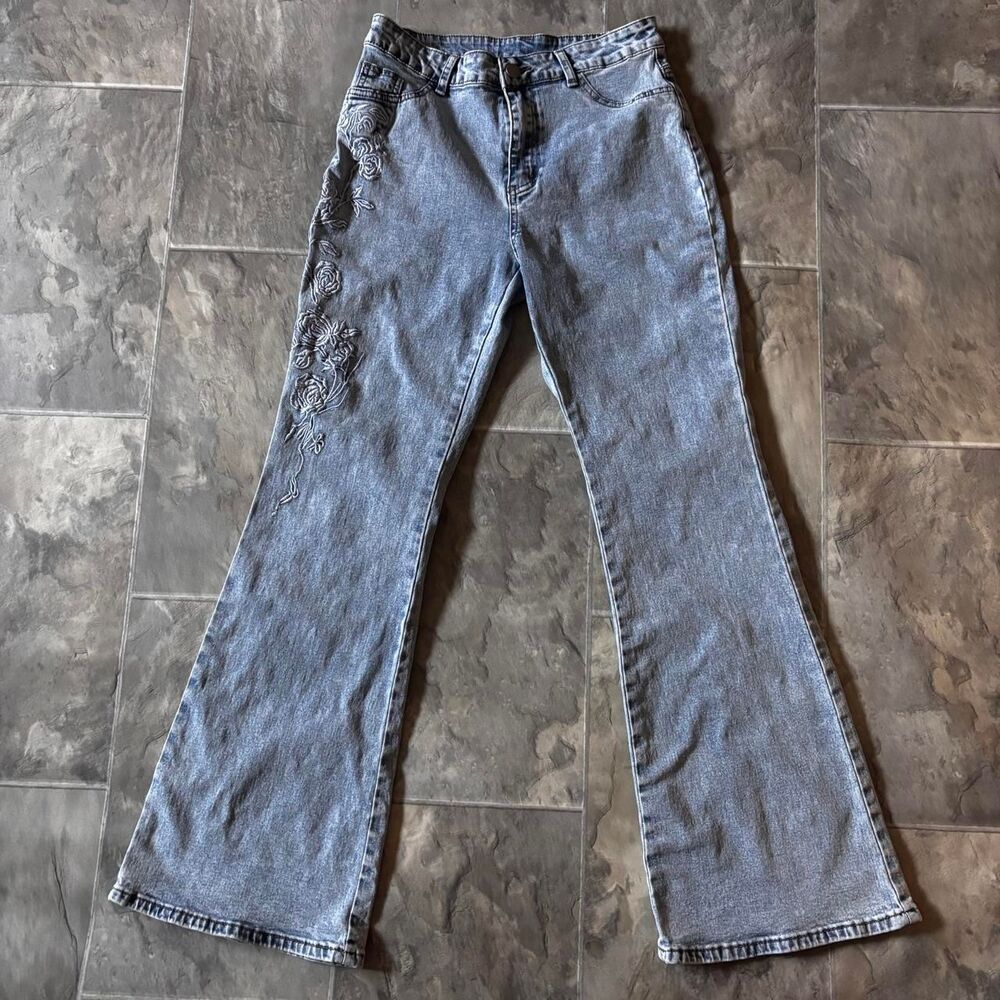 Y2K Vintage Embroidered Floral Flare Jeans Light Blue Low Rise 30